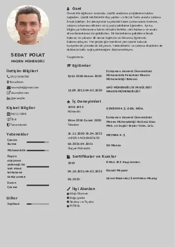 Maden Mühendisi Cv Örnekleri cv indir